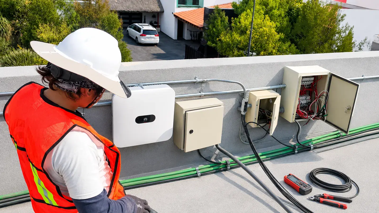 Técnico de SETECIA revisando la instalación eléctrica en la azotea de una casa