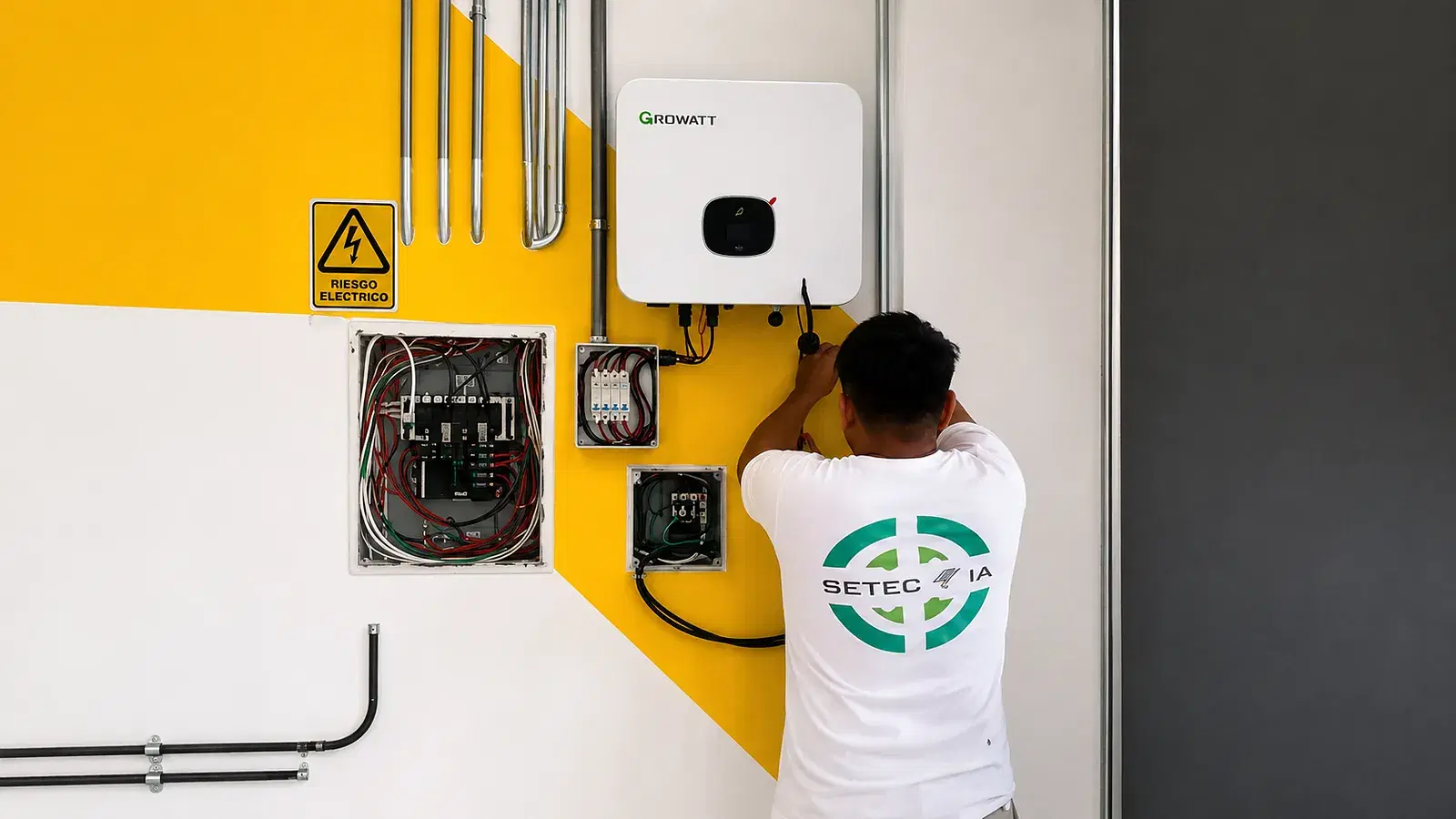 Técnico de SETECIA conectando el inversor solar de una instalación